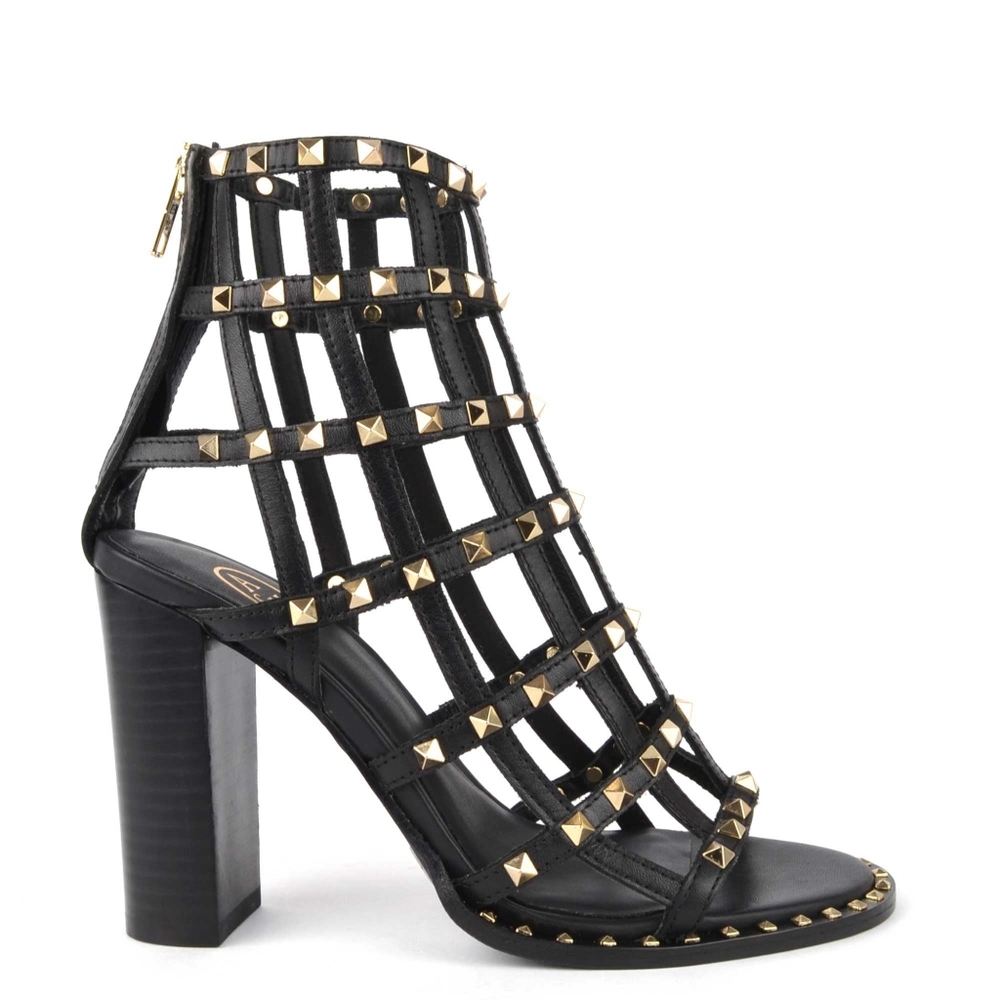 ASH Linx gold studded cage open toe black leather sandals heels